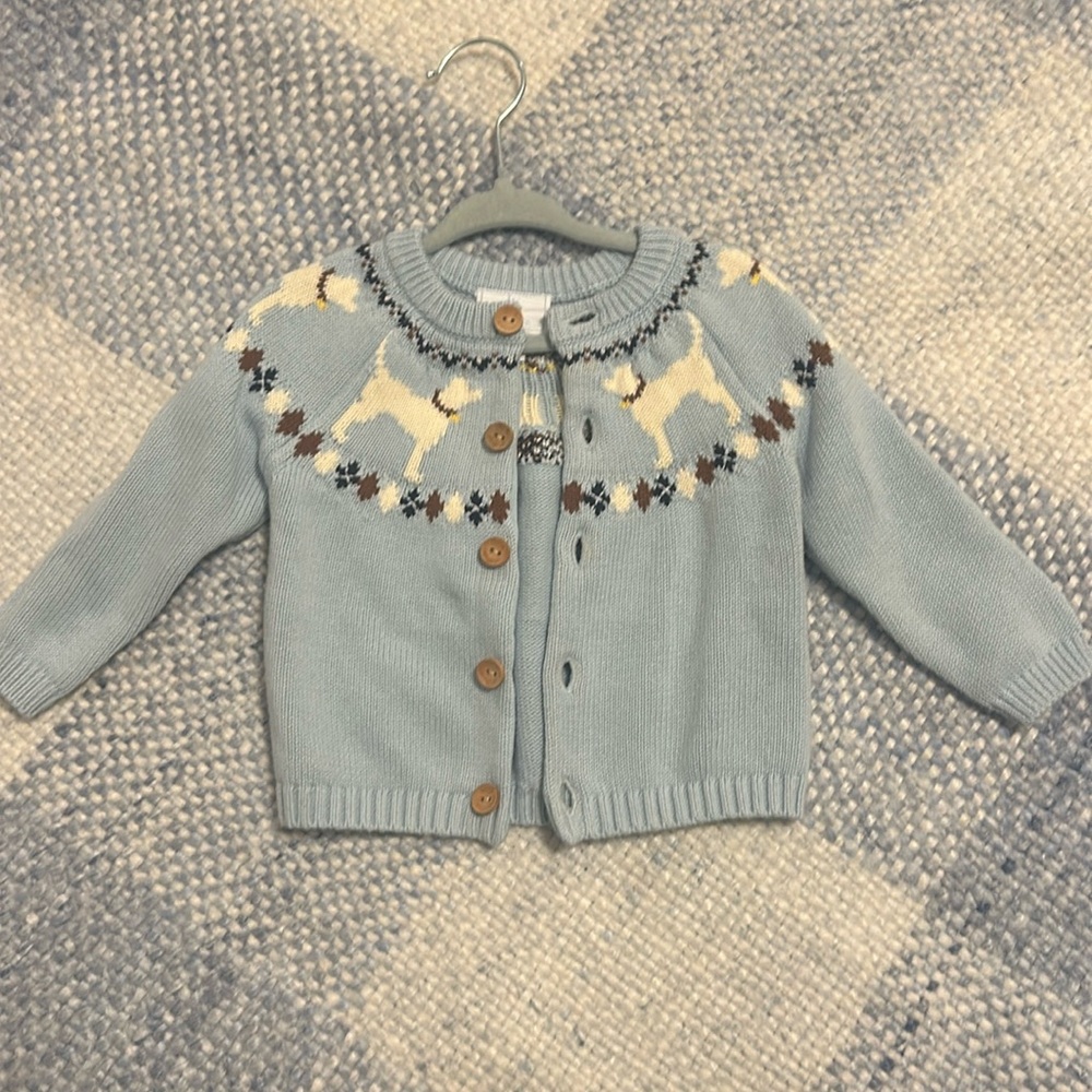 Little English Baby Blue Knit Cardigan with Cream Dog Motif
